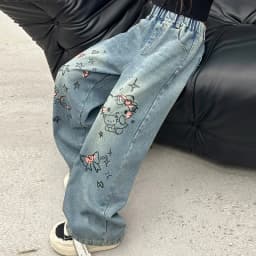 autumn junior girls cartoon wide leg jeans teenage kids towel embroidered cat denim pants Fashion child trousers 4 6 8 10 12 14