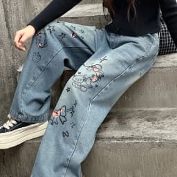 autumn junior girls cartoon wide leg jeans teenage kids towel embroidered cat denim pants Fashion child trousers 4 6 8 10 12 14
