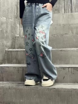 autumn junior girls cartoon wide leg jeans teenage kids towel embroidered cat denim pants Fashion child trousers 4 6 8 10 12 14