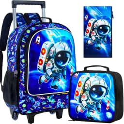 Rolling Backpack for Boys, Kids Roller Wheels School Bookbag with Lunch Bag, Wheeled School Bag for Children
