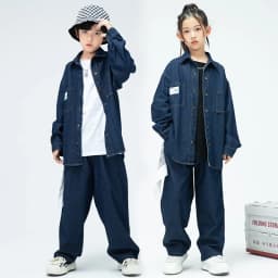 Children Boys Girls Streetwear Hiphop Loose Casual Denim Shirt Jeans Sets Teen Kids Coat Pant Track Suits Stage Clothing Costume