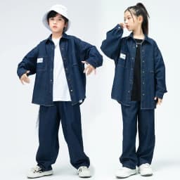 Children Boys Girls Streetwear Hiphop Loose Casual Denim Shirt Jeans Sets Teen Kids Coat Pant Track Suits Stage Clothing Costume