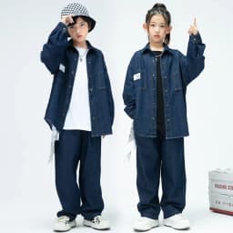 Children Boys Girls Streetwear Hiphop Loose Casual Denim Shirt Jeans Sets Teen Kids Coat Pant Track Suits Stage Clothing Costume