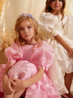 Hot Sale Pink Bow Tiered Hi-lo Long Girls Dresses Dancing Wear Stunning Puff Sleeve Kids Princess Gown School Daily Life Outfit