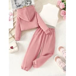 3 Pcs Kids Girls' Clothes Set Spring And Autumn Baby Girls Long-Sleeve Hooded Sweatshirt +Sleeveless Vest+ Long Pants Daily Wear