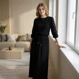 Summer Womens Shabbos Robe Long Sleeve Top and Maxi Skirt Black Ribbed Soft Material Star Button Decoration Adjustable Drawing