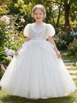 Tween Girl White Pearl Decorated High-Quality Beaded Embroidery Party Dress, Net Silk Blouse with Embroidery, Banquet, Wedding