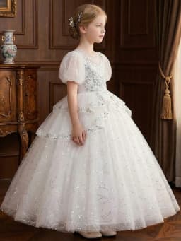 Tween Girl White Pearl Decorated High-Quality Beaded Embroidery Party Dress, Net Silk Blouse with Embroidery, Banquet, Wedding