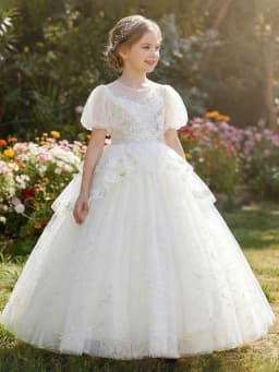 Tween Girl White Pearl Decorated High-Quality Beaded Embroidery Party Dress, Net Silk Blouse with Embroidery, Banquet, Wedding