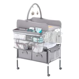 SucceBuy Baby Changing Table Foldable Diaper Change Station with 2 Fabric Drawers Side Basket & Hanging Rod Adjustable Height