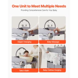 SucceBuy Baby Changing Table Foldable Diaper Change Station with 2 Fabric Drawers Side Basket & Hanging Rod Adjustable Height