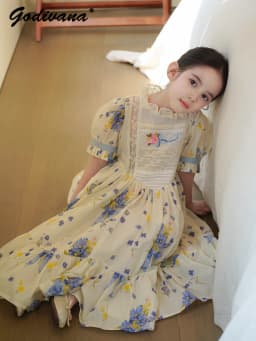 Sweet Girls 2026 New Summer Fashion High End Floral Embroidered Princess Dress Kids Lace Cotton Linen Soft Puff Sleeve Dresses