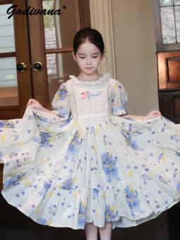 Sweet Girls 2026 New Summer Fashion High End Floral Embroidered Princess Dress Kids Lace Cotton Linen Soft Puff Sleeve Dresses