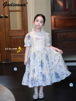 Sweet Girls 2026 New Summer Fashion High End Floral Embroidered Princess Dress Kids Lace Cotton Linen Soft Puff Sleeve Dresses
