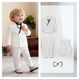 Little Kids White Jacket Vest Pants Bowtie Photography Suit Kids Birthday Wedding Dress Children Piano Host Performance Costume