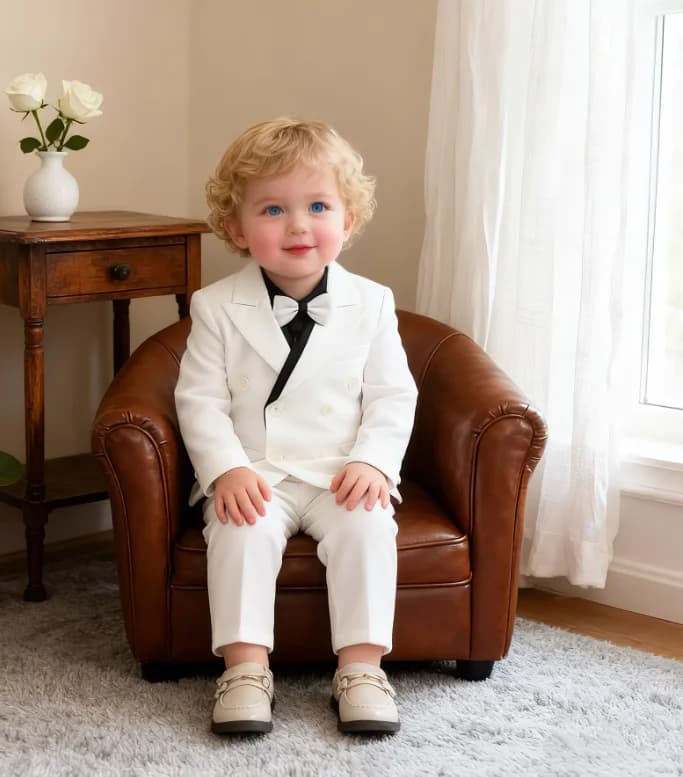 Little Kids White Jacket Vest Pants Bowtie Photography Suit Kids Birthday Wedding Dress Children Piano Host Performance Costume