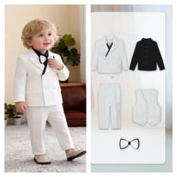 Little Kids White Jacket Vest Pants Bowtie Photography Suit Kids Birthday Wedding Dress Children Piano Host Performance Costume