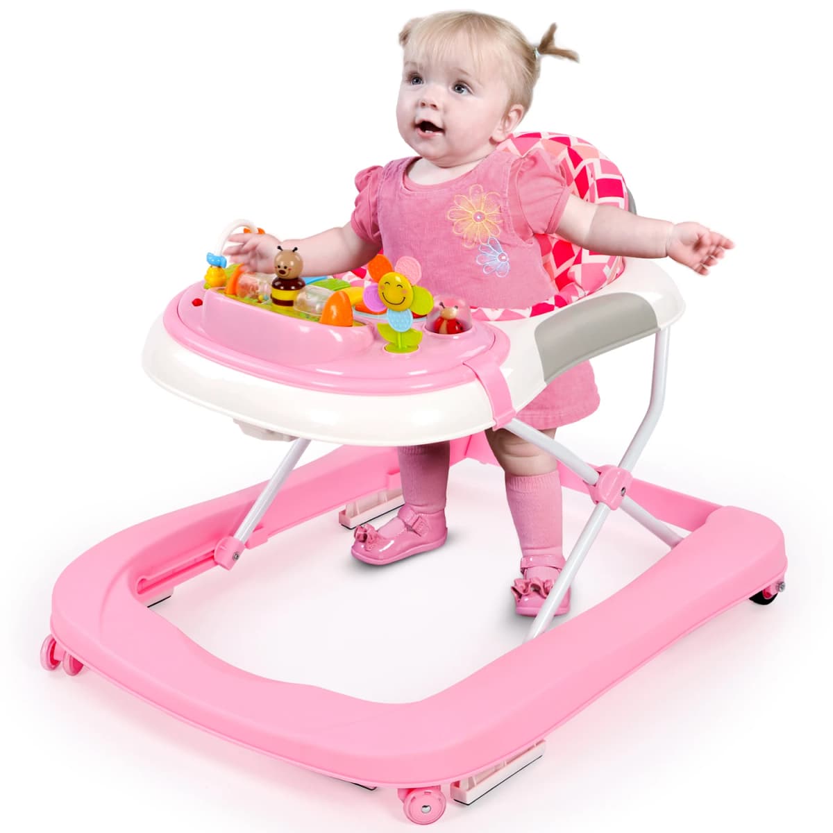 2 in 1 Foldable Baby Walker with Music and Lights, Height Adjustable, Converts to Baby Push Along Walker and Kids Feeding