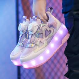 Kids Girls LED Light Up Roller Shoes 2 Retractable Wheels Angel Wings Heart Rotary Buckle Skate Sneakers