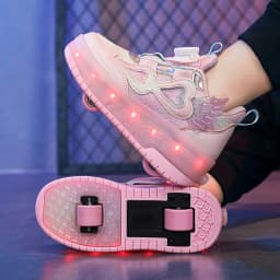 Kids Girls LED Light Up Roller Shoes 2 Retractable Wheels Angel Wings Heart Rotary Buckle Skate Sneakers
