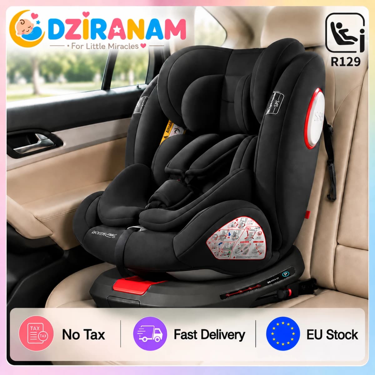 Baby Car Seat 40-150cm 360° Rotating ISOFIX Child Safety Seat with 5-Point Harness Top Tether Alarm Adjustable Headrest 4 Recline Positions Side Impact Protection Rear & Forward Facing for Infant Toddler Kids 0-12 Years