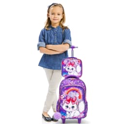 3PCS Set Rolling Backpack For Girls, Purple Cute Cartoon Kitty Cat Sequin Design, Wheeled Bags With Lunch Box And Pen Bag-Red