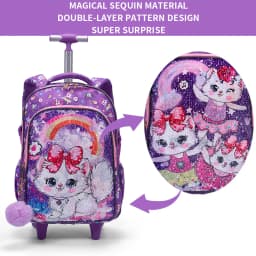 3PCS Set Rolling Backpack For Girls, Purple Cute Cartoon Kitty Cat Sequin Design, Wheeled Bags With Lunch Box And Pen Bag-Red