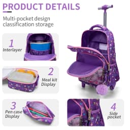 3PCS Set Rolling Backpack For Girls, Purple Cute Cartoon Kitty Cat Sequin Design, Wheeled Bags With Lunch Box And Pen Bag-Red