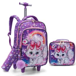 3PCS Set Rolling Backpack For Girls, Purple Cute Cartoon Kitty Cat Sequin Design, Wheeled Bags With Lunch Box And Pen Bag-Red