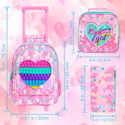 3Pcs Rainbow Heart Kids Rolling Backpack Set Girls Trolley School Bag with Lunch Bag & Pencil Case