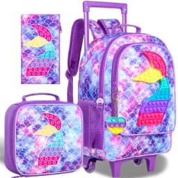 3Pcs Rainbow Heart Kids Rolling Backpack Set Girls Trolley School Bag with Lunch Bag & Pencil Case
