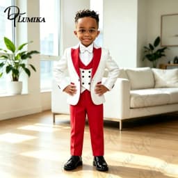 Elegant Jacquard Boys 4Pcs Suit Set 2026 Red Lapel Blazer Waistcoat Pants Bowtie Formal Outfit For Toddler Kids Wedding Prom
