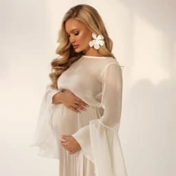 Maternity Photography Props Round Neck Gown Bell Sleeve Dress Pregnancy Photo Shoot Outfits Flowy Studio Posing Clothing