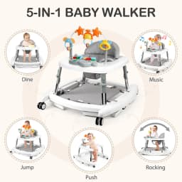 5 in 1 Baby Walker Adjustable Height Foldable Baby Activity Center, Infant Walker Bouncer Rocker Push Walker with Music Toys, Eating Seat for Baby Boys Girls
