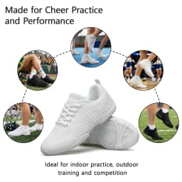 BAXINIER Girls Cheerleading Shoes White Black Breathable Knit Athletic Training Sneakers Youth Kids Cheer Shoes Non-Slip Rubber Sole for School Practice and Competition