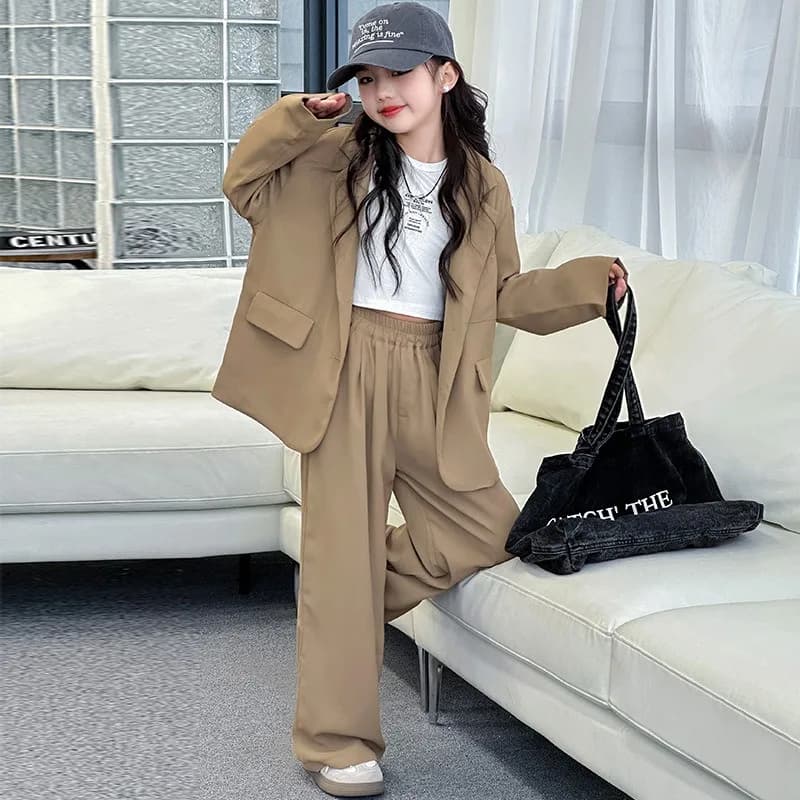 Children Girls Blazers 2PCS Suits OLEKID Autumn 4-14Yrs Kids Girls Blazer Outfits Solid Young Teenagers Girls Ruched Waist Pants