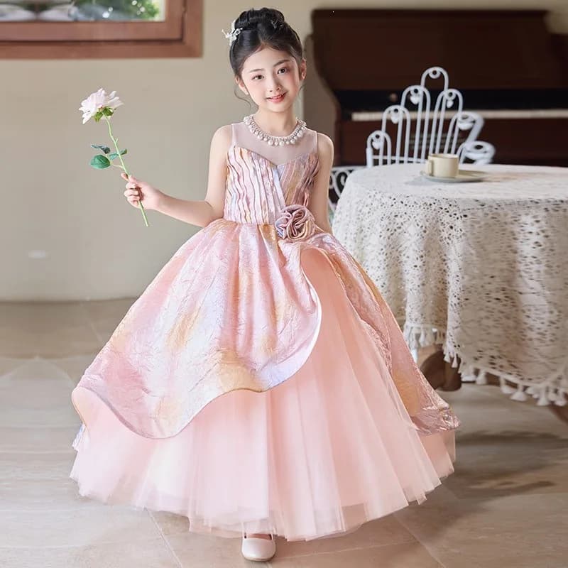 2026 Pink Children Girls Formal Host Party Princess Gown Wedding Flower Girl Kids Piano Performance Elegant Pageant Costume