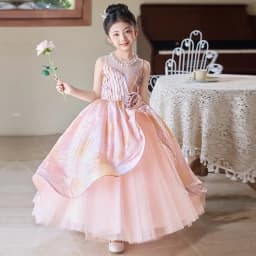 2026 Pink Children Girls Formal Host Party Princess Gown Wedding Flower Girl Kids Piano Performance Elegant Pageant Costume