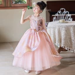 2026 Pink Children Girls Formal Host Party Princess Gown Wedding Flower Girl Kids Piano Performance Elegant Pageant Costume