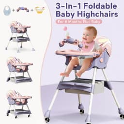 3-In-1 Foldable Baby Highchairs with Double-Layer Dinner Plate and Toy Rack,Anti-Slip Pad Easy-to-Clean Feeding Eat & Play Convertible Dining Chairs For 6 Months Plus Baby