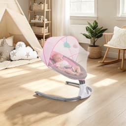 Cradle Infant Rocker Baby Swing 4 Speed Timer 12 Melodies Bluetooth USB 25° Ergonomic Neck Support 3 Point Harness Anti Skid Lock 39.68lbs 0-18 Months Remote 16.4ft Washable Cover Mosquito Net USB Low Voltage Pink for Baby Girls Boys