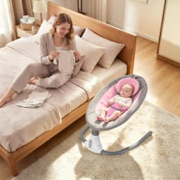 Cradle Infant Rocker Baby Swing 4 Speed Timer 12 Melodies Bluetooth USB 25° Ergonomic Neck Support 3 Point Harness Anti Skid Lock 39.68lbs 0-18 Months Remote 16.4ft Washable Cover Mosquito Net USB Low Voltage Pink for Baby Girls Boys