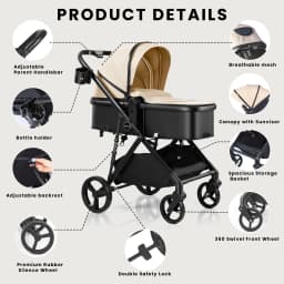 2 in 1 Baby Pushchair Foldable Travel System Pram with Reversible Seat, Adjustable Sun Canopy, Large Storage Basket, Lightweight Baby Stroller for Newborn Toddler 0-36 Months