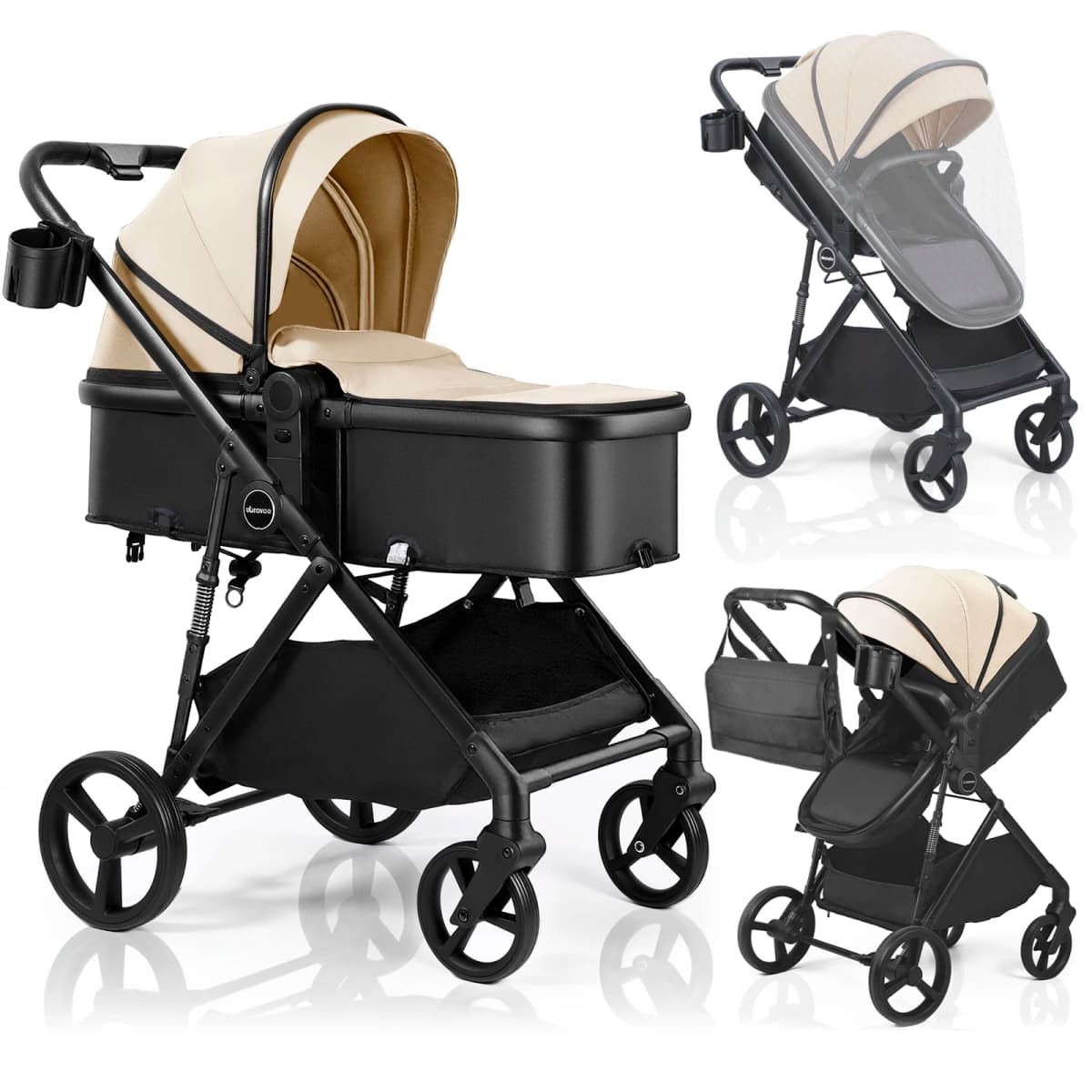 2 in 1 Baby Pushchair Foldable Travel System Pram with Reversible Seat, Adjustable Sun Canopy, Large Storage Basket, Lightweight Baby Stroller for Newborn Toddler 0-36 Months