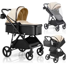 2 in 1 Baby Pushchair Foldable Travel System Pram with Reversible Seat, Adjustable Sun Canopy, Large Storage Basket, Lightweight Baby Stroller for Newborn Toddler 0-36 Months
