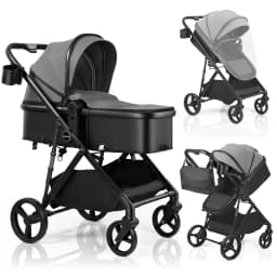 2 in 1 Baby Pushchair Foldable Travel System Pram with Reversible Seat, Adjustable Sun Canopy, Large Storage Basket, Lightweight Baby Stroller for Newborn Toddler 0-36 Months
