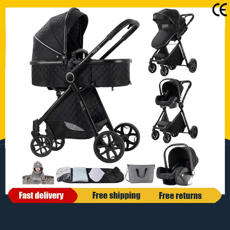 Portable Baby Stroller 3 in 1 Luxury with Car Seat and Sleeping Basket Lightweight Baby Pram High Landscape Infant Pushchair Multifunction Adjustable Travel Buggy Easy Folding Compact Portable Safe Comfortable Stylish Perfect for Travel Baby Carriage