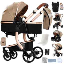 High Landscape Baby Stroller Shock Absorption 3 in 1 Reversible Newborn Carriage Waterproof PU Leather Folding Infant Pram One Foot Brake Large Storage Basket Convertible Sleeping Seat