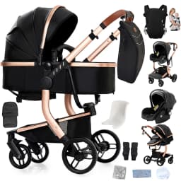 High Landscape Baby Stroller Shock Absorption 3 in 1 Reversible Newborn Carriage Waterproof PU Leather Folding Infant Pram One Foot Brake Large Storage Basket Convertible Sleeping Seat