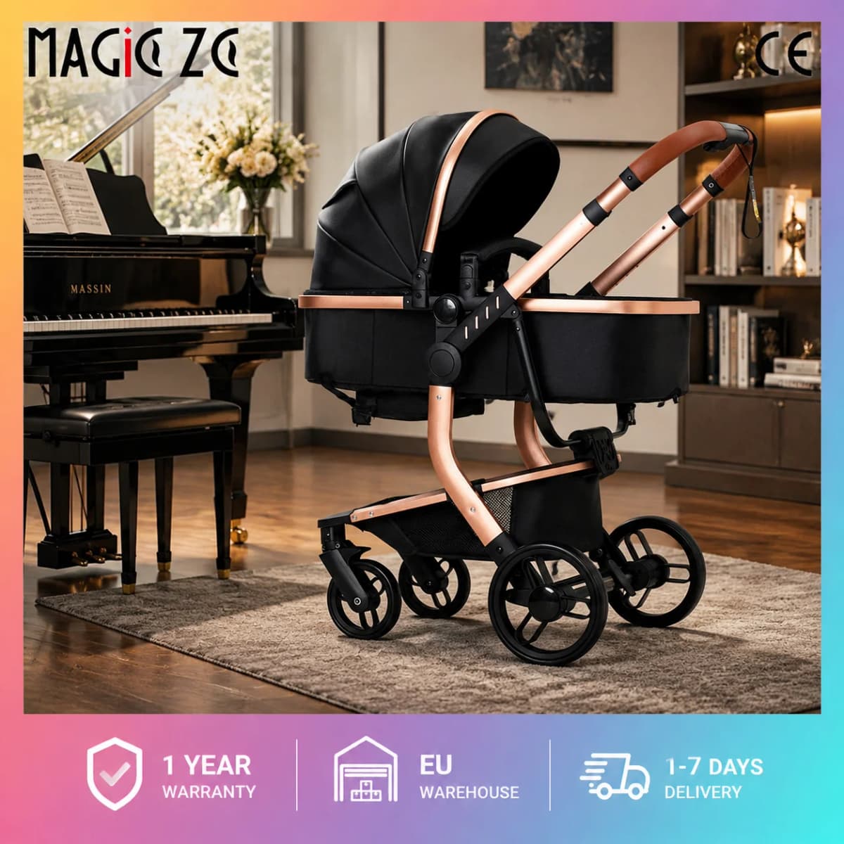 High Landscape Baby Stroller Shock Absorption 3 in 1 Reversible Newborn Carriage Waterproof PU Leather Folding Infant Pram One Foot Brake Large Storage Basket Convertible Sleeping Seat